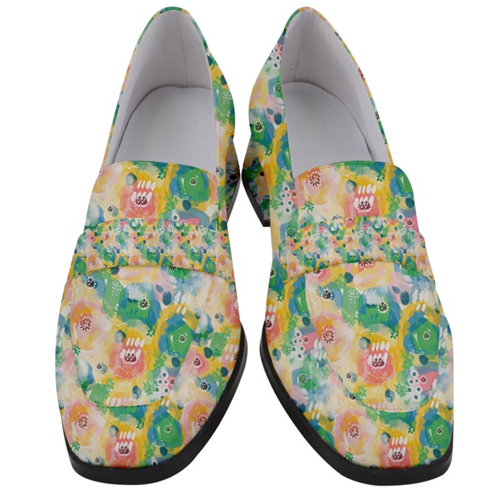 Water Color Floral Pattern Women s Chunky Heel Loafers