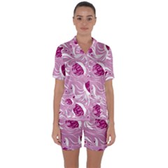 Folk Floral Pattern  Flowers Print  Satin Short Sleeve Pajamas Set by Eskimos