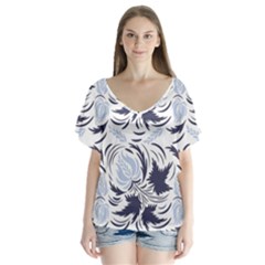 Folk Floral Pattern  Flowers Print  V-neck Flutter Sleeve Top by Eskimos