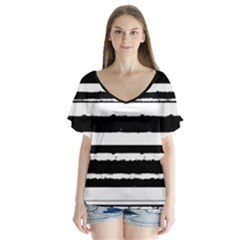 Bandes Abstrait Blanc/noir V-neck Flutter Sleeve Top by kcreatif