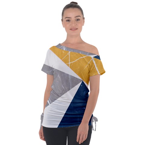 Pattern Abstrait Effet Bleu/jaune Off Shoulder Tie-up Tee by kcreatif