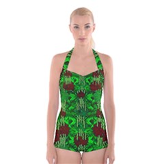 Forest Of Colors And Calm Flowers On Vines Boyleg Halter Swimsuit  by pepitasart