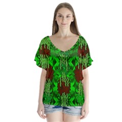 Forest Of Colors And Calm Flowers On Vines V-neck Flutter Sleeve Top by pepitasart