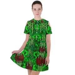 Forest Of Colors And Calm Flowers On Vines Short Sleeve Shoulder Cut Out Dress 