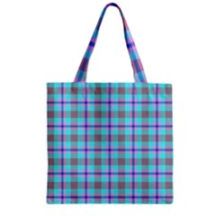 Tartan Mauve Purple Cyan Zipper Grocery Tote Bag