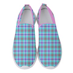 Tartan Mauve Purple Cyan Women s Slip On Sneakers by oudeenpattern