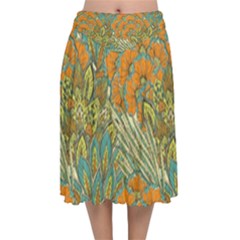 Orange Flowers Velvet Flared Midi Skirt by goljakoff