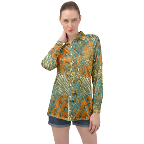 Orange Flowers Long Sleeve Satin Shirt by goljakoff