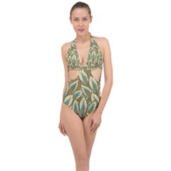 Green Leaves Halter Front Plunge Swimsuit by goljakoff