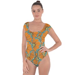 Orange Flowers Short Sleeve Leotard  by goljakoff