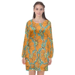 Orange Flowers Long Sleeve Chiffon Shift Dress  by goljakoff