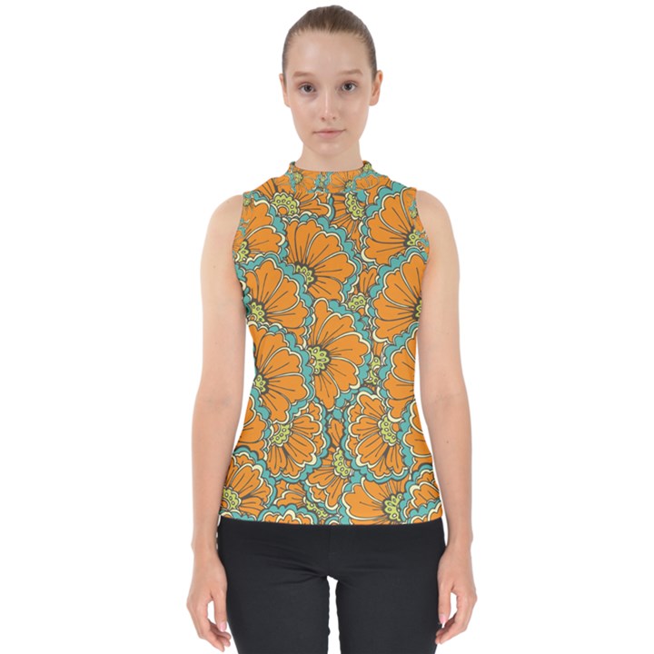 Orange flowers Mock Neck Shell Top