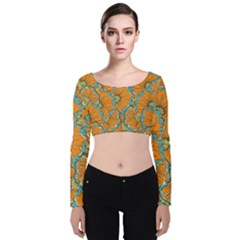 Orange Flowers Velvet Long Sleeve Crop Top by goljakoff