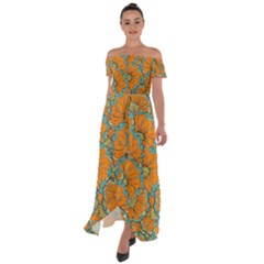 Orange Flowers Off Shoulder Open Front Chiffon Dress by goljakoff