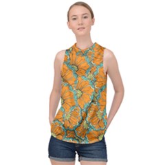 Orange Flowers High Neck Satin Top by goljakoff