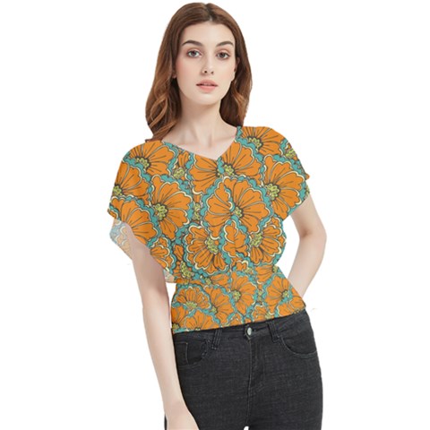 Orange Flowers Butterfly Chiffon Blouse by goljakoff