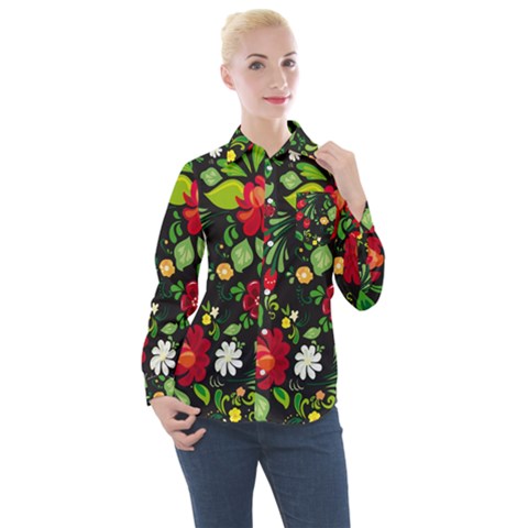 Russian Khokhloma Women s Long Sleeve Pocket Shirt by goljakoff