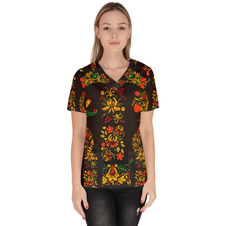 Hohloma ornament Women s V-Neck Scrub Top