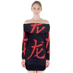 Dragon Hieroglyph Long Sleeve Off Shoulder Dress by goljakoff