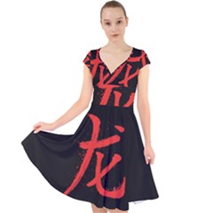 Dragon Hieroglyph Cap Sleeve Front Wrap Midi Dress by goljakoff