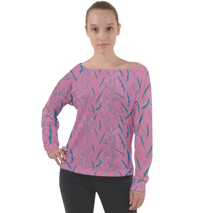 Undersea World  Plants And Starfish Off Shoulder Long Sleeve Velour Top