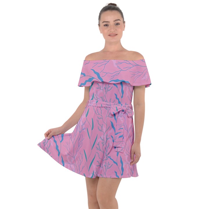 Undersea World  Plants And Starfish Off Shoulder Velour Dress