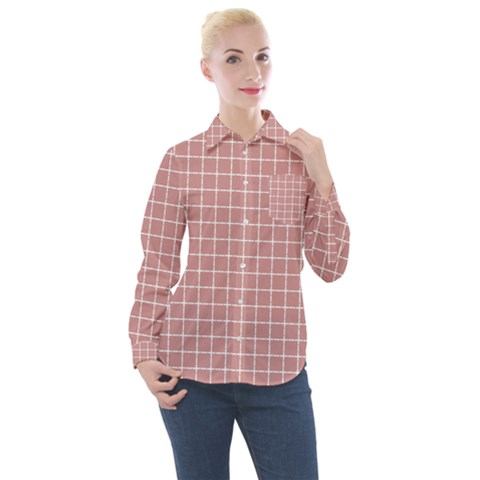 Abstrait Carreaux Rose/blanc Women s Long Sleeve Pocket Shirt by kcreatif