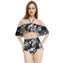 Fleurs De Cerisier Noir & Blanc Halter Flowy Bikini Set 