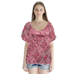 Fancy Ornament Pattern Design V-neck Flutter Sleeve Top