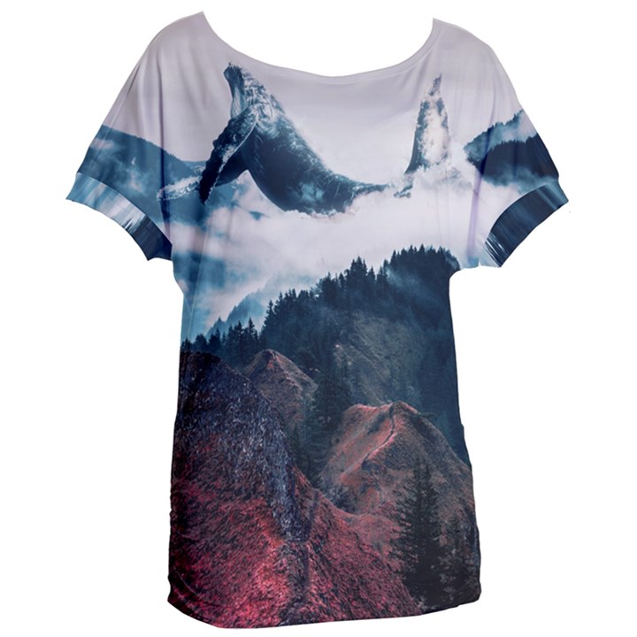 Blue whale in the clouds Women s Oversized Tee