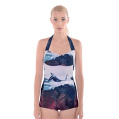 Blue Whale In The Clouds Boyleg Halter Swimsuit  by goljakoff