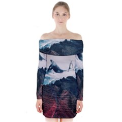 Blue Whale In The Clouds Long Sleeve Off Shoulder Dress by goljakoff