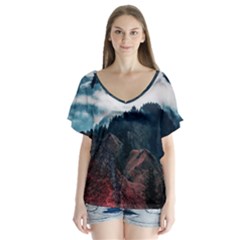 Blue Whale In The Clouds V-neck Flutter Sleeve Top by goljakoff