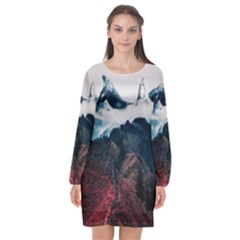 Blue Whale In The Clouds Long Sleeve Chiffon Shift Dress  by goljakoff