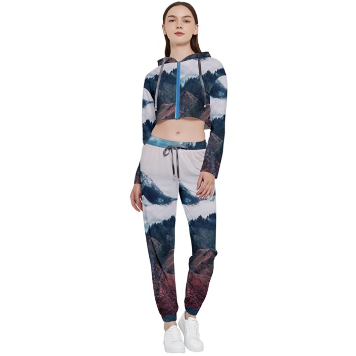 Blue whale in the clouds Cropped Zip Up Lounge Set