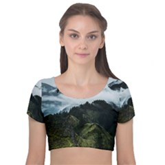 Whale Lands Velvet Short Sleeve Crop Top  by goljakoff