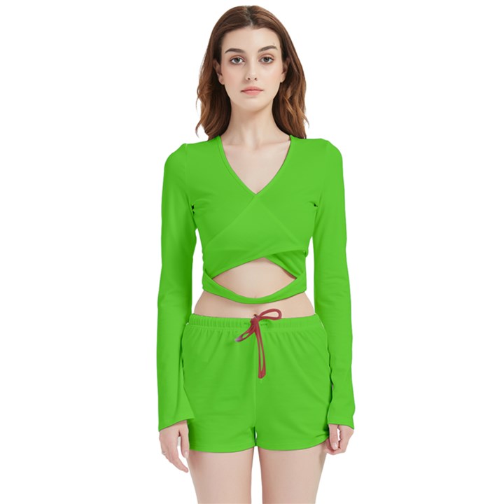 Bright Green Velvet Wrap Crop Top and Shorts Set