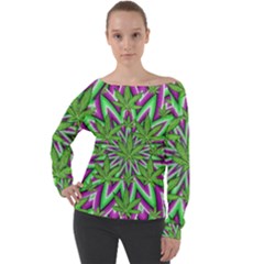 Purple, White, Green, Marijuana, Leaves, Cbdoilprincess  5de76707-e767-40d0-a70d-e7c36407f0a3 Off Shoulder Long Sleeve Velour Top by CBDOilPrincess1