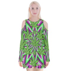 Purple, White, Green, Marijuana, Leaves, Cbdoilprincess  5de76707-e767-40d0-a70d-e7c36407f0a3 Velvet Long Sleeve Shoulder Cutout Dress by CBDOilPrincess1