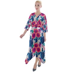 Tropical Flowers Turtles Cbdoilprincess 9a8efa63-1b6b-4226-a85c-858859e581d8 Quarter Sleeve Wrap Front Maxi Dress by CBDOilPrincess1