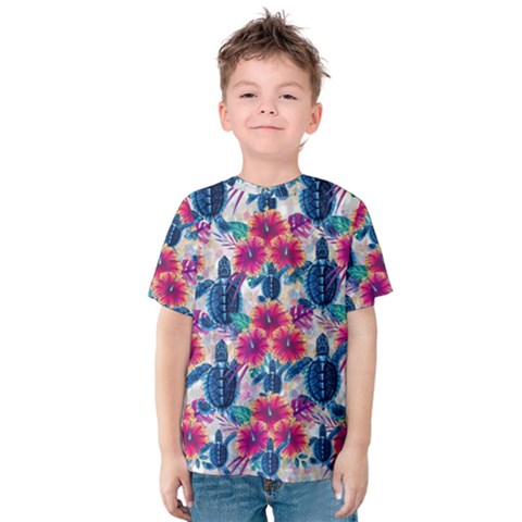 Tropical Flowers Turtles Cbdoilprincess 9a8efa63-1b6b-4226-a85c-858859e581d8 Kids  Cotton Tee by CBDOilPrincess1