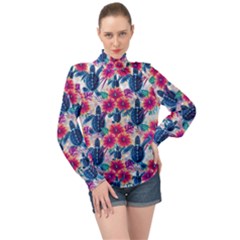 Tropical Flowers Turtles Cbdoilprincess 9a8efa63-1b6b-4226-a85c-858859e581d8 High Neck Long Sleeve Chiffon Top by CBDOilPrincess1