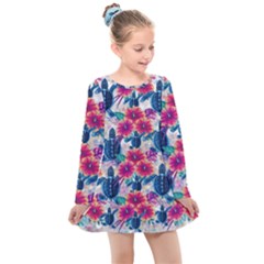 Tropical Flowers Turtles Cbdoilprincess 9a8efa63-1b6b-4226-a85c-858859e581d8 Kids  Long Sleeve Dress by CBDOilPrincess1