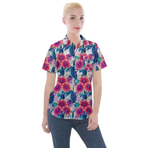 Tropical Flowers Turtles Cbdoilprincess 9a8efa63-1b6b-4226-a85c-858859e581d8 Women s Short Sleeve Pocket Shirt by CBDOilPrincess1