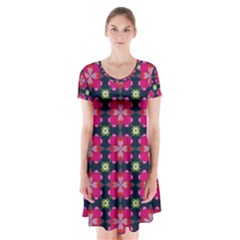 Pattern Of Hearts Short Sleeve V-neck Flare Dress by SychEva