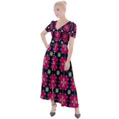 Pattern Of Hearts Button Up Short Sleeve Maxi Dress