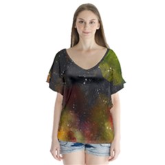 Abstract Paint Drops V-neck Flutter Sleeve Top by goljakoff