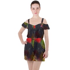 Abstract Paint Drops Ruffle Cut Out Chiffon Playsuit by goljakoff