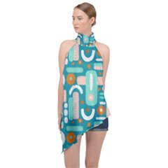 Abstract Shapes Halter Asymmetric Satin Top by SychEva