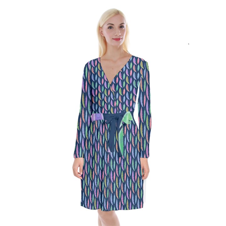 Watercolor Feathers Long Sleeve Velvet Front Wrap Dress